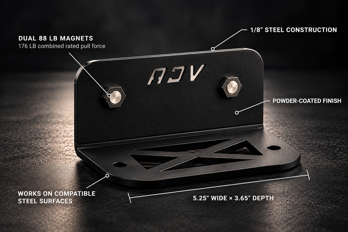 FLEX magnetic mount: 1/8 inch powder-coated steel with dual 88 lb magnets