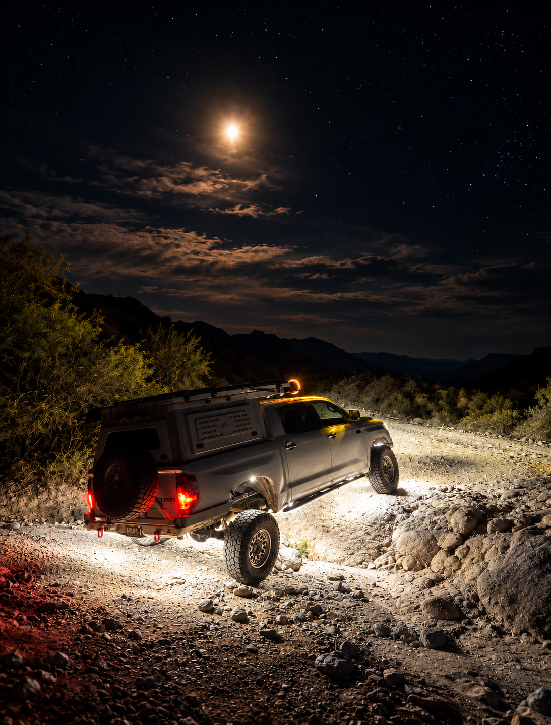 Tundra on a rocky trail at night with the ground lit all around it